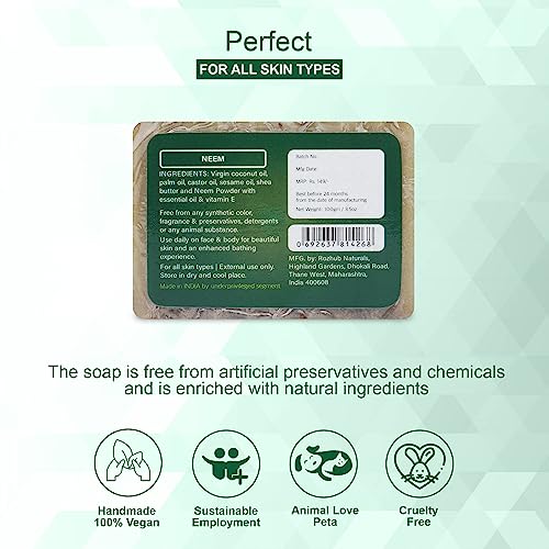 Rozhub Naturals Neem Handmade Soap - Antibacterial and Antifungal Soap for Acne, Eczema, and Other Skin Conditions, 100 Gm (Pack Of 4)