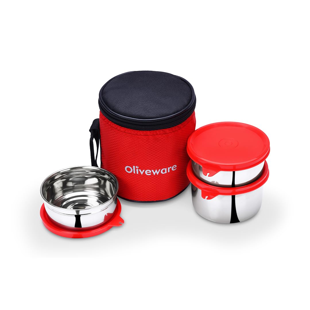 oliveware Lovely Stylo Lunch Box, Leak Proof & BPA Free Lid, 3 Stainless Steel Containers (250ml, 250ml & 500ml), Fabric Jacket - Red