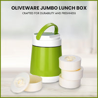 Oliveware Jumbo Lunch Box - 4 Containers | Full Set Office Use | Insulated Body | Leak Proof | Full Meal & Easy to Carry - Green, Plastic, 300 ml