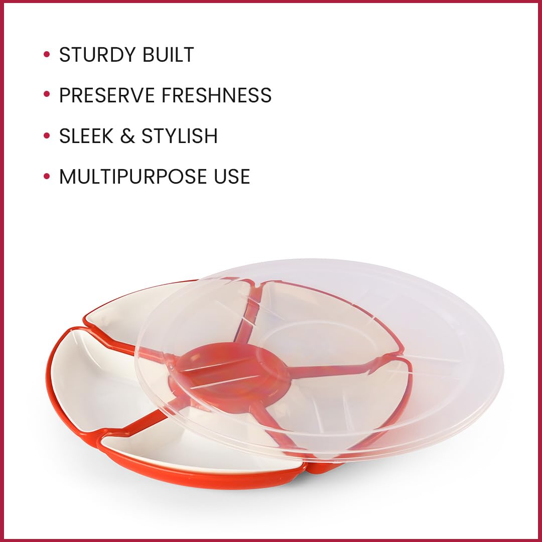 Oliveware Flower Snack Container with 5 Compartments | Storage & Serving Snacks, Dry Fruits, Biscuits, Candy | Hard Plastic | Multi Purpose - Red