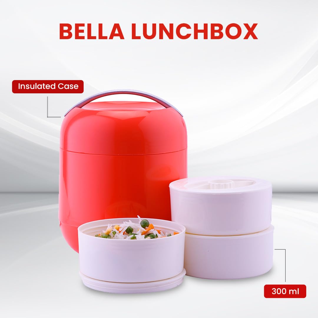 oliveware Bella Lunch Box, 3 Containers in 300ml Each, BPA Free, Insulated Body with Carry Handle, Leak Proof & Sturdy, Easy to Carry - Red