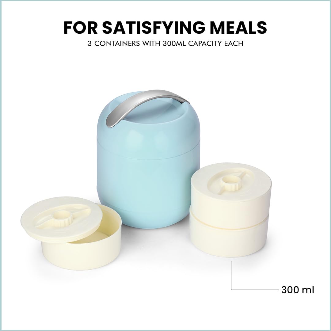 oliveware Plastic Bella Lunch Box - 3 Containers | Insulated Container | Carry Handle | Leak Proof | Complete Meal Hot Case - Blue, 300 milliliter