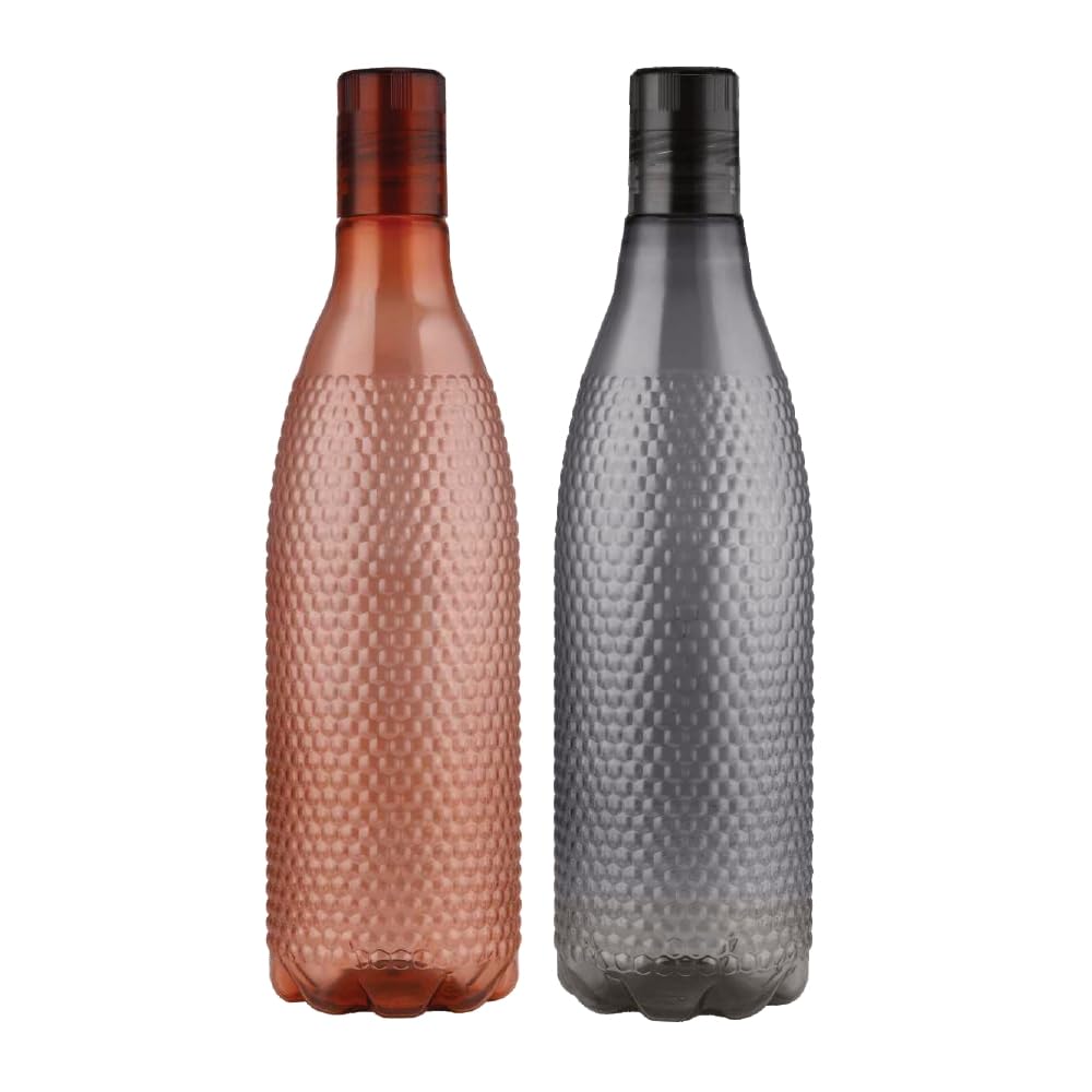 oliveware Honeycomb Design Premium PET Water Bottle With Better Grip, BPA Free & 100% Leak Proof, 1 Litre Bottle, For Home & Office Use, Pack of 2 - Brown & Grey