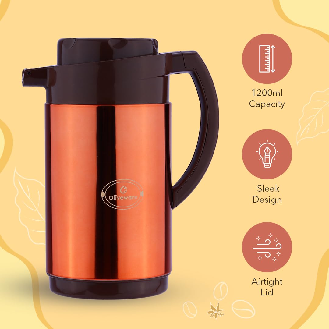 Oliveware Hazel Copper Flask Kettle | 1200 Ml | Functional Lid | Hassle Free Pouring | for Hot & Cold Beverages