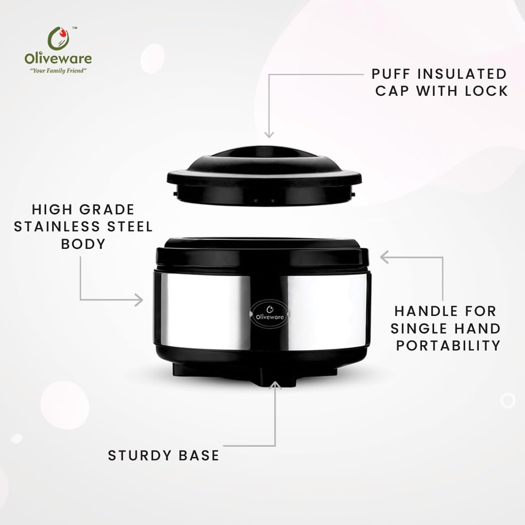 oliveware Glory Insulated Casserole | High Grade Stainless Steel | Insulated | Steel Interior | Puff Insulated Lid | Keeps Chapati, Food, Curry | Easy to Carry Handle | Sturdy Base | 2500 ml