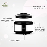 oliveware Glory Insulated Casserole | High Grade Stainless Steel | Insulated | Steel Interior | Puff Insulated Lid | Keeps Chapati, Food, Curry | Easy to Carry Handle | Sturdy Base | 2500 ml