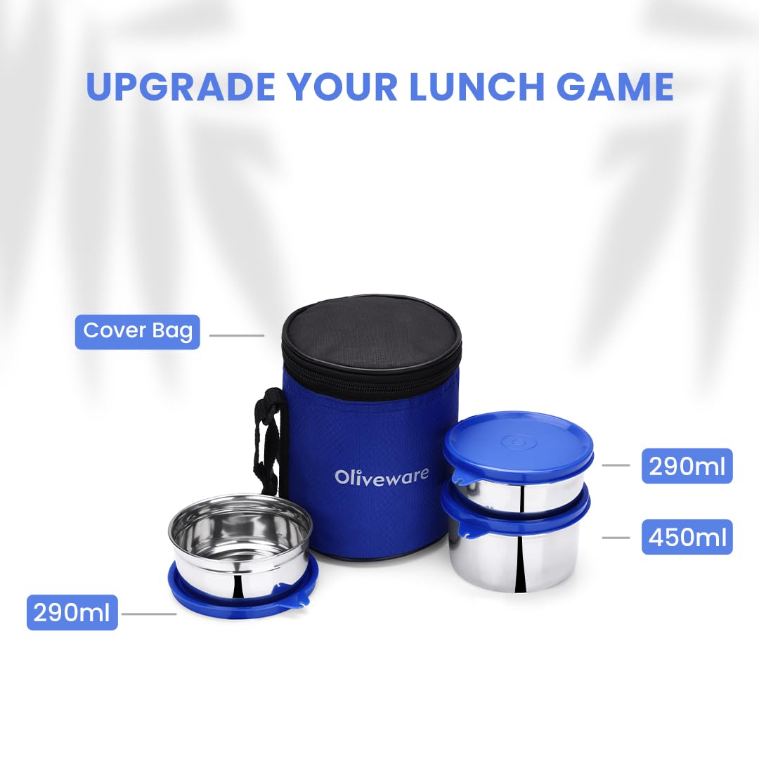 SOPL-OLIVEWARE Retro Premium Lunch Box | Stainless Steel | 3 containers | with Stylish Carry Bag | for Office, School | - (LB88CW) (Blue)