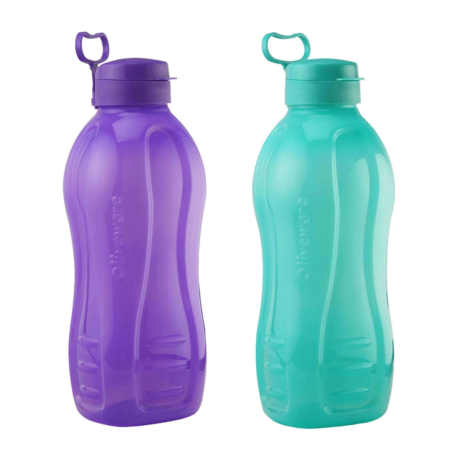 oliveware Jumbo 2 Litre Water Bottle, 100% Leak Proof, BPA Free Premium Plastic Bottle, for Home, Office & Gym, Sturdy with Holder, Pack of 2 (Purple & Blue)