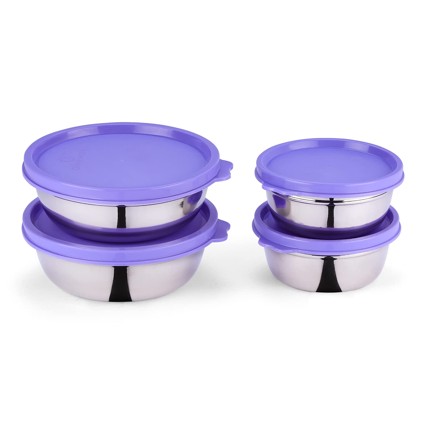 oliveware Elegant Combo Storage Containers, 100% Leak Proof and Dishwasher Safe, 4 Stainless Steel Containers with BPA Free Lid (2x450ml & 2x250ml) - Voilet