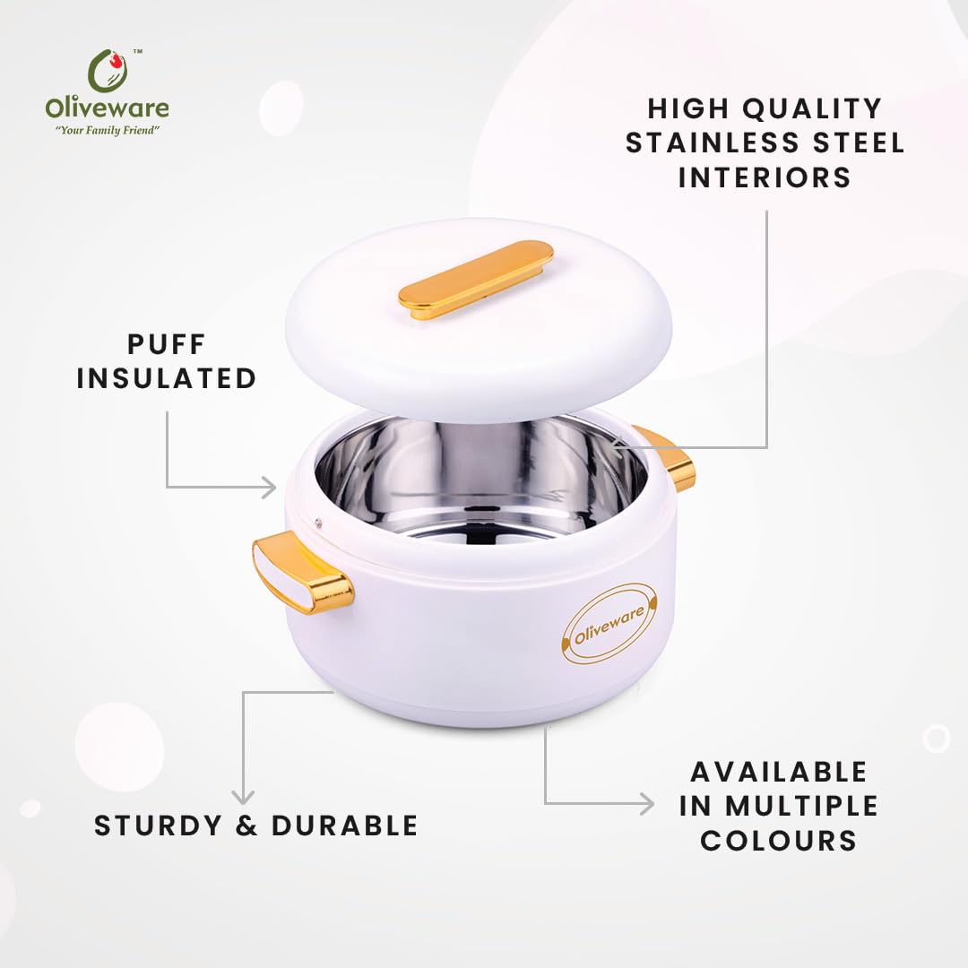 SOPL-OLIVEWARE Fresco Insulated Casserole, Inside Stainless Steel Keep Food Warm, BPA Free, Set of 1 (1000 ml Capacity) - White