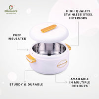 SOPL-OLIVEWARE Fresco Insulated Casserole, Inside Stainless Steel Keep Food Warm, BPA Free, Set of 1 (1000 ml Capacity) - White