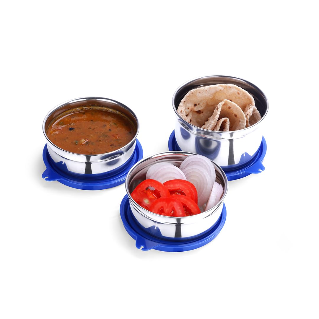 SOPL-OLIVEWARE Retro Premium Lunch Box | Stainless Steel | 3 containers | with Stylish Carry Bag | for Office, School | - (LB88CW) (Blue)