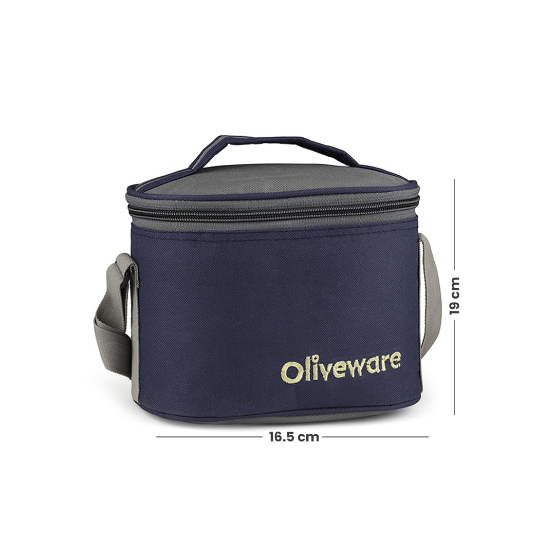 oliveware Mayo Lunch Box, 3 Stainless Steel Containers with Plastic Sipper (300ml, 300ml, 580ml & 450ml), Leak Proof, Insulated Fabric Bag - Blue