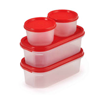 Oliveware Modular Storage Containers with Airtight Lid, BPA Free, For Pulses, Rice, Dal & Atta, Set of 4 (2x600ml, 2x180ml) - Red