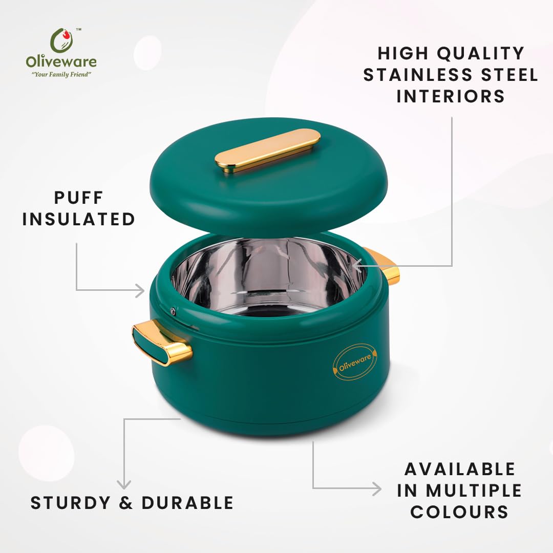 SOPL-OLIVEWARE Fresco Insulated Casserole, Inside Stainless Steel Keep Food Warm, BPA Free, Set of 1 (2000 ml Capacity) - Green