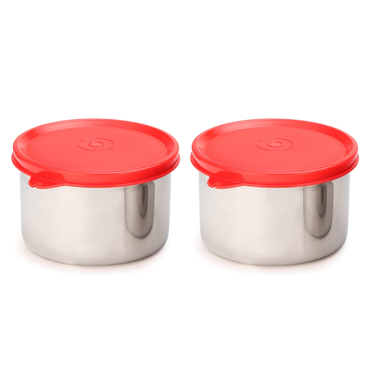 oliveware Magic Storage Containers, 100% Leak Proof and Spill Proof, 2 Stainless Steel Containers with BPA Free Airtight Lid (600ml Each) - Red