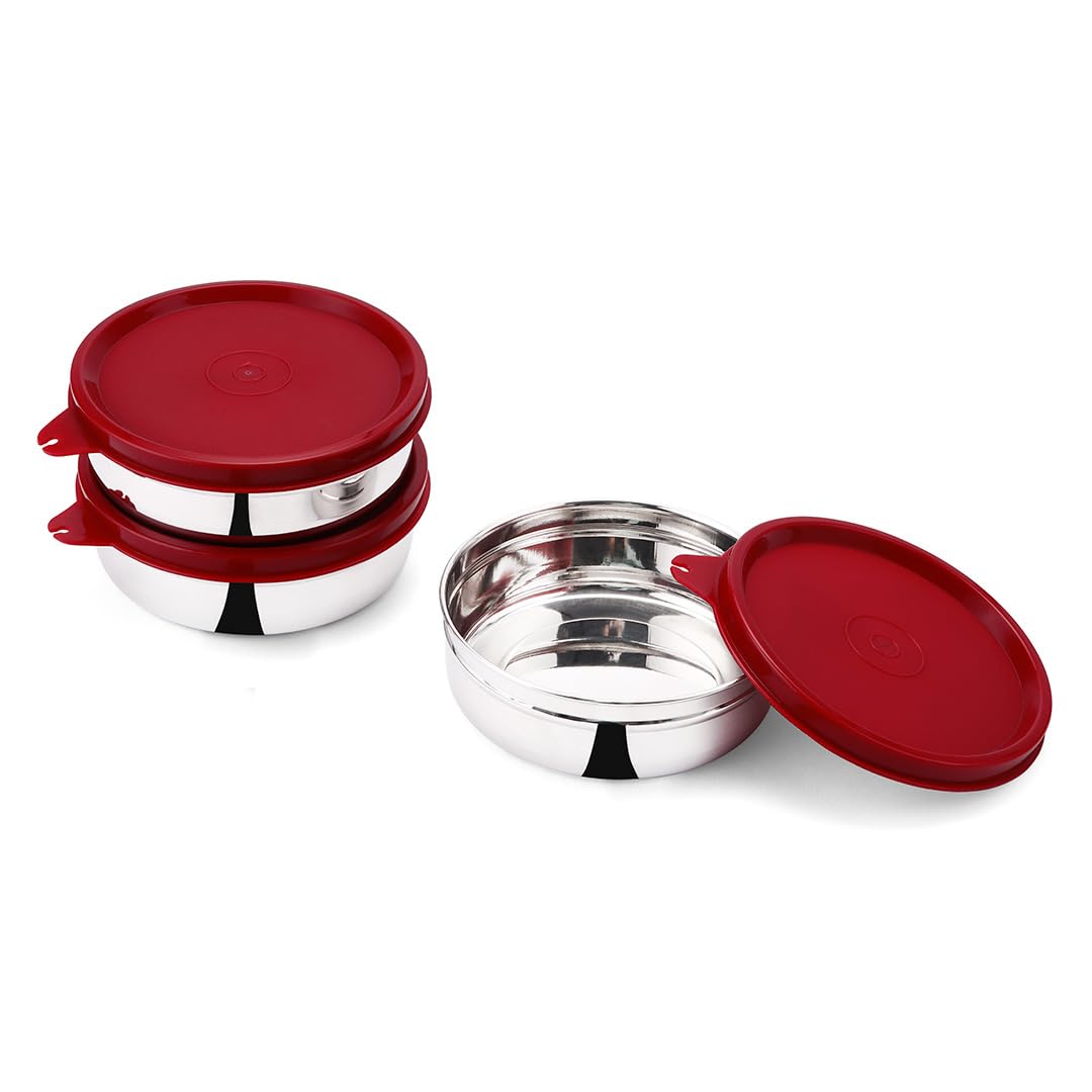 SOPL-OLIVEWARE Magic Storage Container, 100% Leak Proof & BPA Free Lid, Dishwasher Safe, 3 Stainless Steel Containers with 300 ml Each - Maroon
