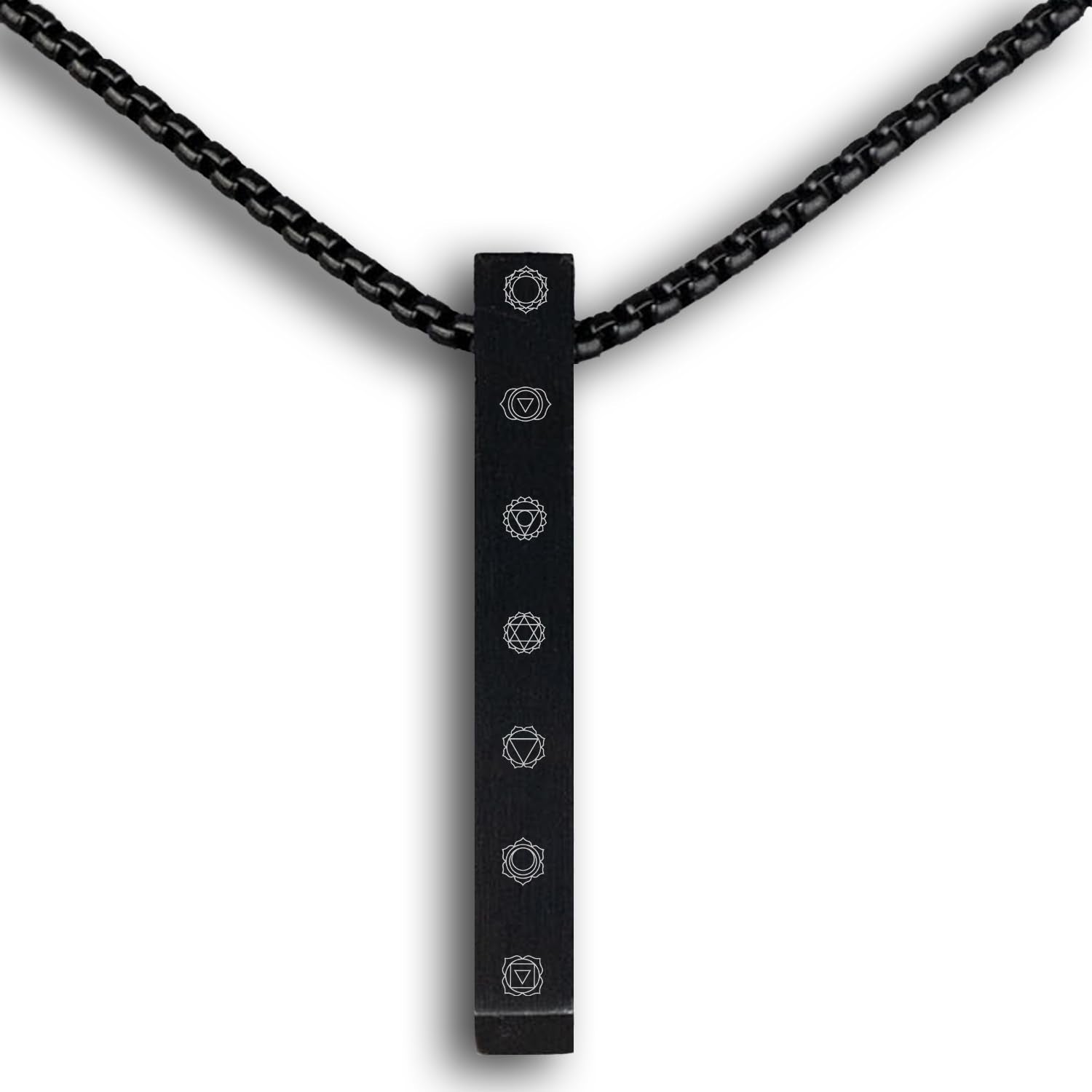 Black Balance 7 Chakra Bar Necklace | Mesmerize Balance 7 Chakra Bar Necklace | Spiritual Jewelry for Everyday Wear | Stainless Steel | Hypoallergenic & Water Resistant  | Unique Design with Microcarved Chakra Symbols