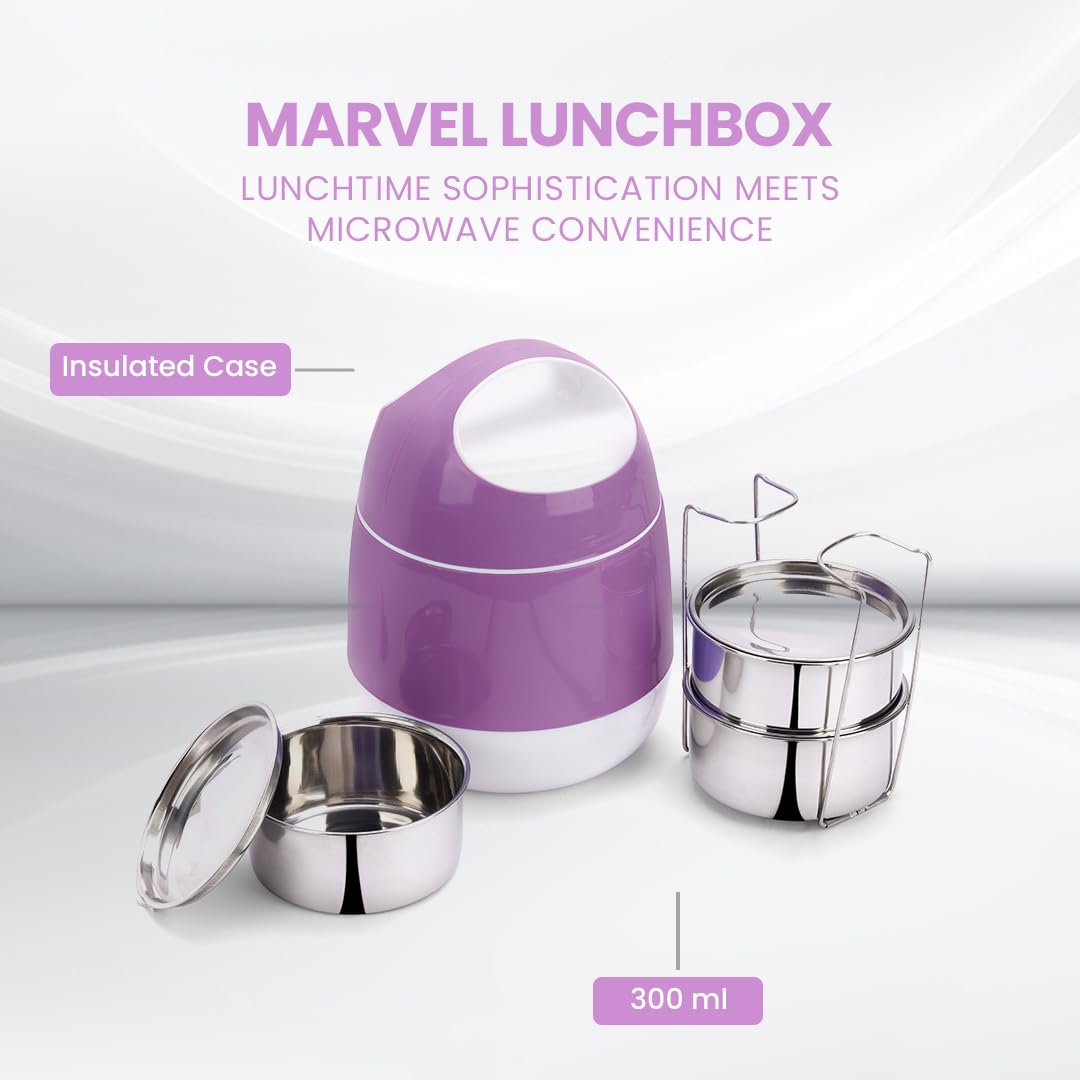 oliveware SOPL (Logo) with Device Marvel Lunch Box with Insulated Box, 3 Stainless Steel Containers 300ml Each, Leak Proof & Sturdy - Voilet