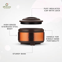 SOPL- Oliveware (logo) with Device Glory Puff Insulated Casserole | Stainless Steel | Sturdy Base | Keeps Chapati, Food, Curry | Easy to Carry Handle (Brown, 2500 ml)