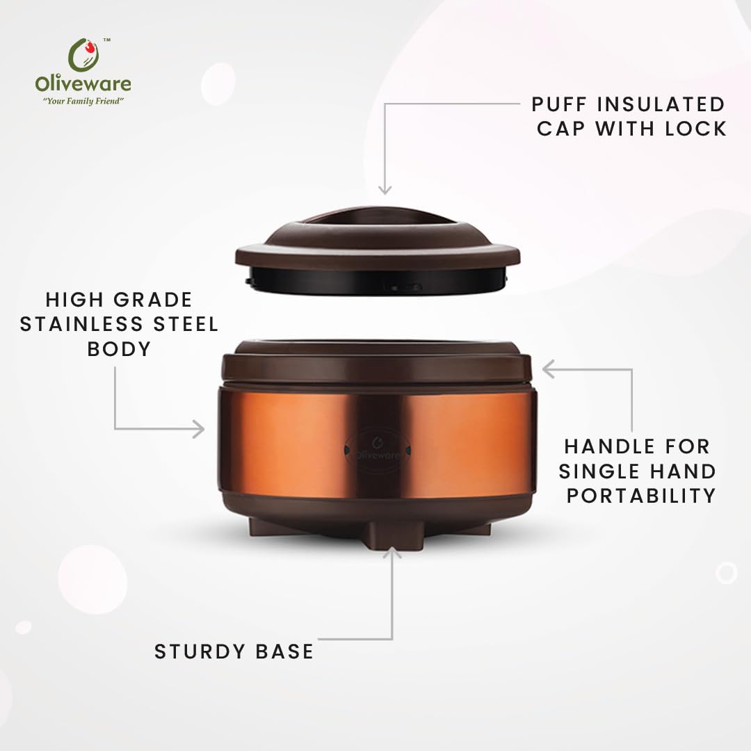 Oliveware Glory Puff Insulated Casseroles, Stainless Steel, Sturdy Base, Keeps Chapati, Food Curry, Easy to Carry, Set of 2-2500ml (Copper)
