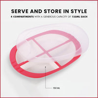 Oliveware Pearl Square Tray with Airtight Lid for Serving Dry Fruits, BPA Free, Storage & Serving Snacks, Dry Fruits, Biscuits, Candy, 4 Compartments (4x150 ml) - Red