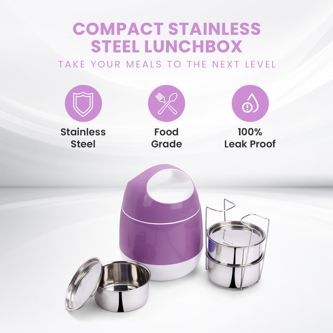 oliveware SOPL (Logo) with Device Marvel Lunch Box with Insulated Box, 3 Stainless Steel Containers 300ml Each, Leak Proof & Sturdy - Voilet