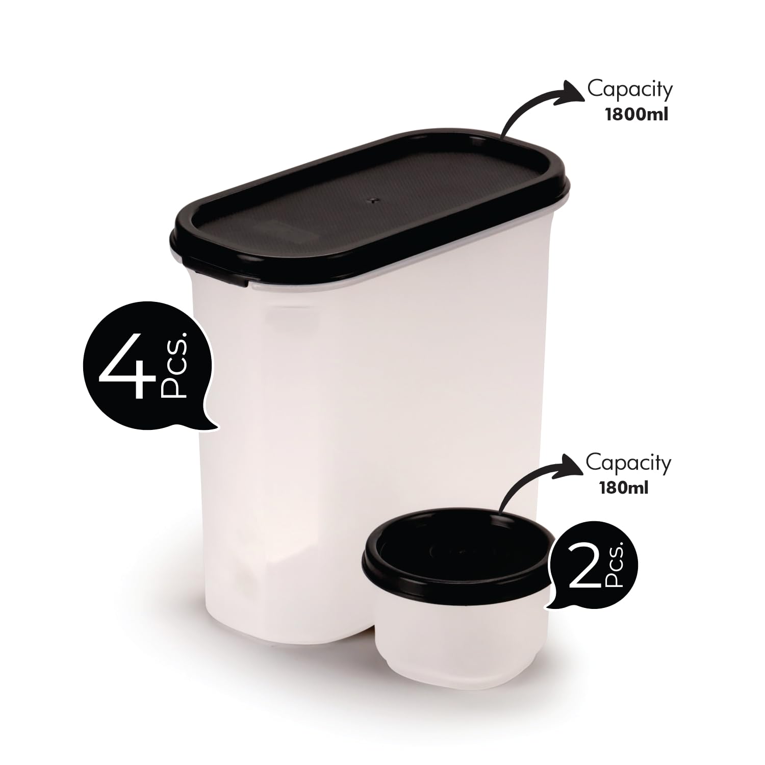 Oliveware Modular Storage Containers, BPA Free, For Pulses, Rice, Dal, Atta & Flour, Set of 6 (4x1800ml, 2x180ml) - Black