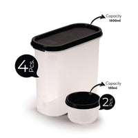 Oliveware Modular Storage Containers, BPA Free, For Pulses, Rice, Dal, Atta & Flour, Set of 6 (4x1800ml, 2x180ml) - Black