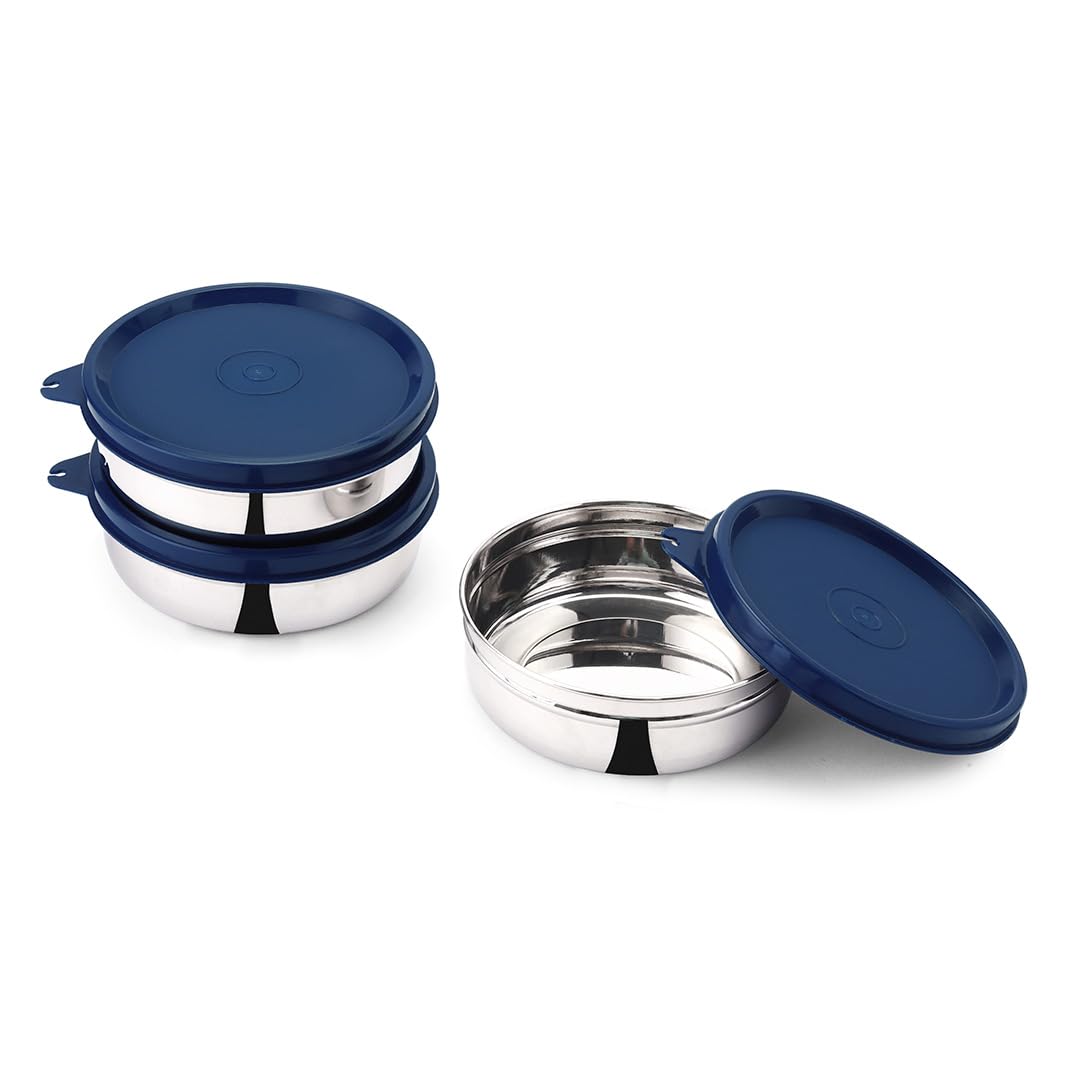 SOPL-OLIVEWARE Magic Storage Container, 100% Leak Proof & BPA Free Lid, Dishwasher Safe, 3 Stainless Steel Containers with 300 ml Each - Blue