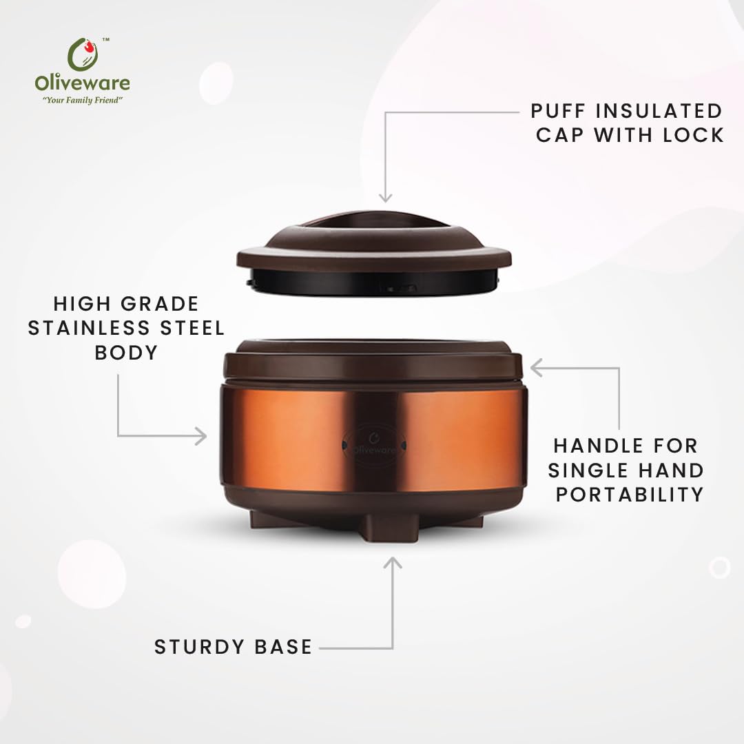 oliveware SOPL (Logo) with Device Glory Sturdy Base High Grade Classic Insulated Casserole with Insulated Lid, Stainless Steel, Easy to Carry Handle (Copper, Brown, 2000 ml)