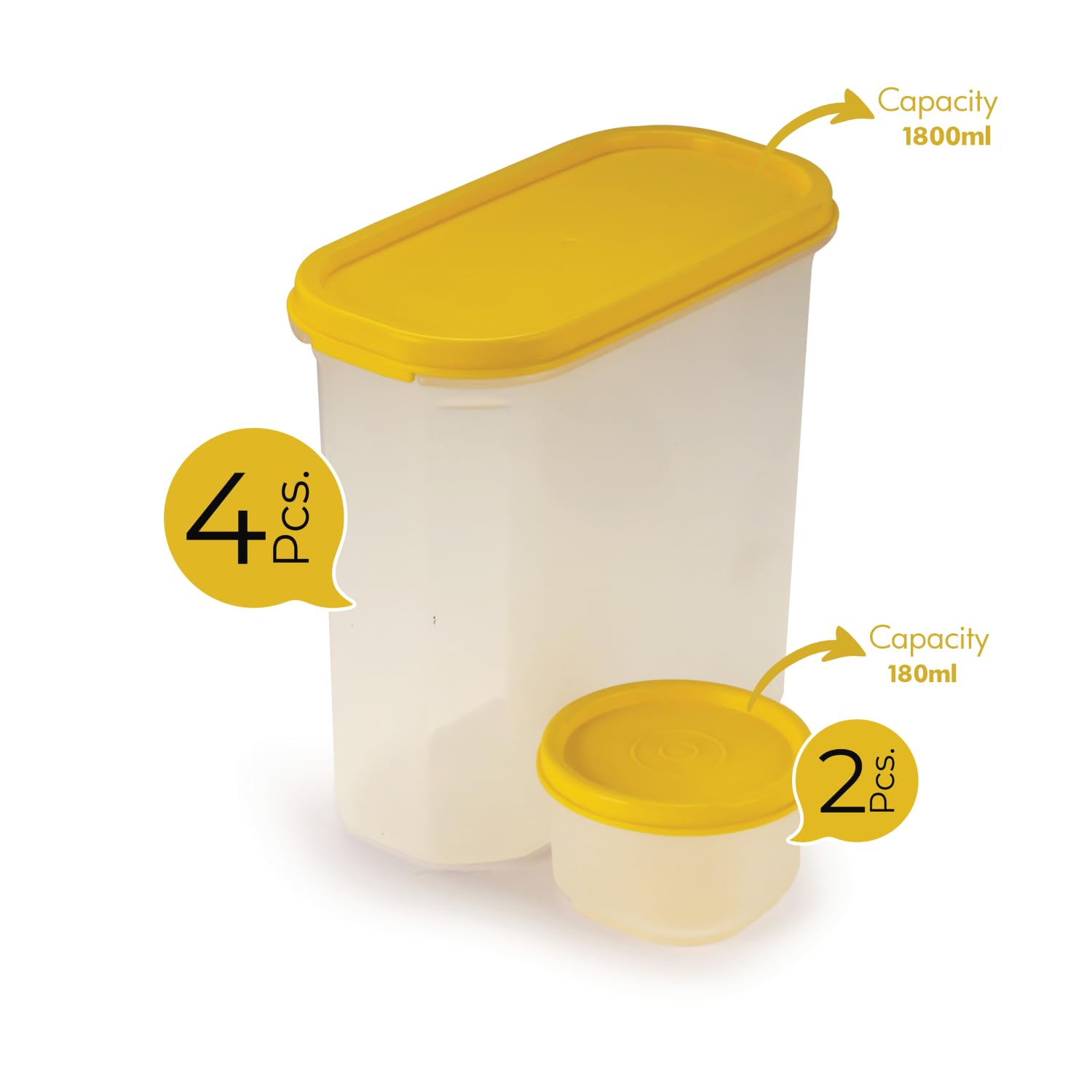 Oliveware Modular Storage Containers, BPA Free, For Pulses, Rice, Dal, Atta & Flour, Set of 6 (4x1800ml, 2x180ml) - Yellow