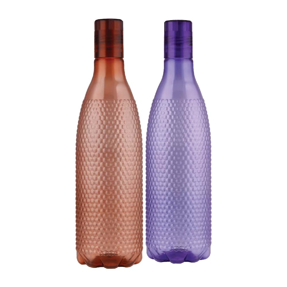 oliveware Honeycomb Design Premium PET Water Bottle With Better Grip, BPA Free & 100% Leak Proof, 1 Litre Bottle, For Home & Office Use, Pack of 2 - Brown & Purple