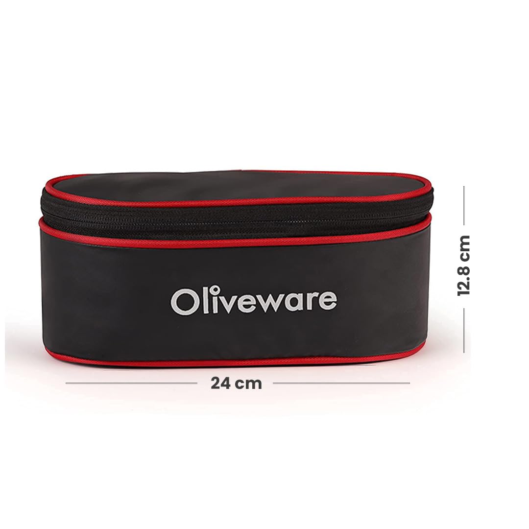 SOPL-OLIVEWARE Sophia Lunch Box, Spoon & Fork, 100% Leak Proof, 3 Stainless Steel Container with BPA Free Lids (550ml, 350ml & 350ml), Fabric Bag - Red