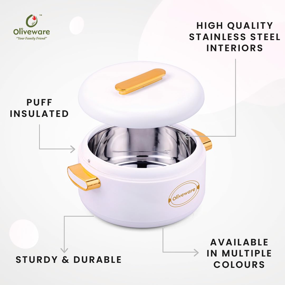 SOPL-OLIVEWARE Fresco Insulated Casserole, Inside Stainless Steel Keep Food Warm, BPA Free, Set of 1 (2000 ml Capacity) - White