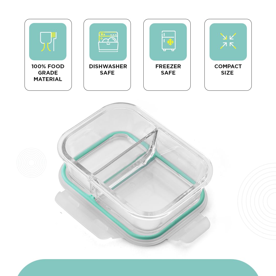 Oliveware Elite Microwave Safe Office Two Compartment Lunch Box Set | Borosilicate Glass | Safety Lock Airtight Tiffin Containers (600ml)