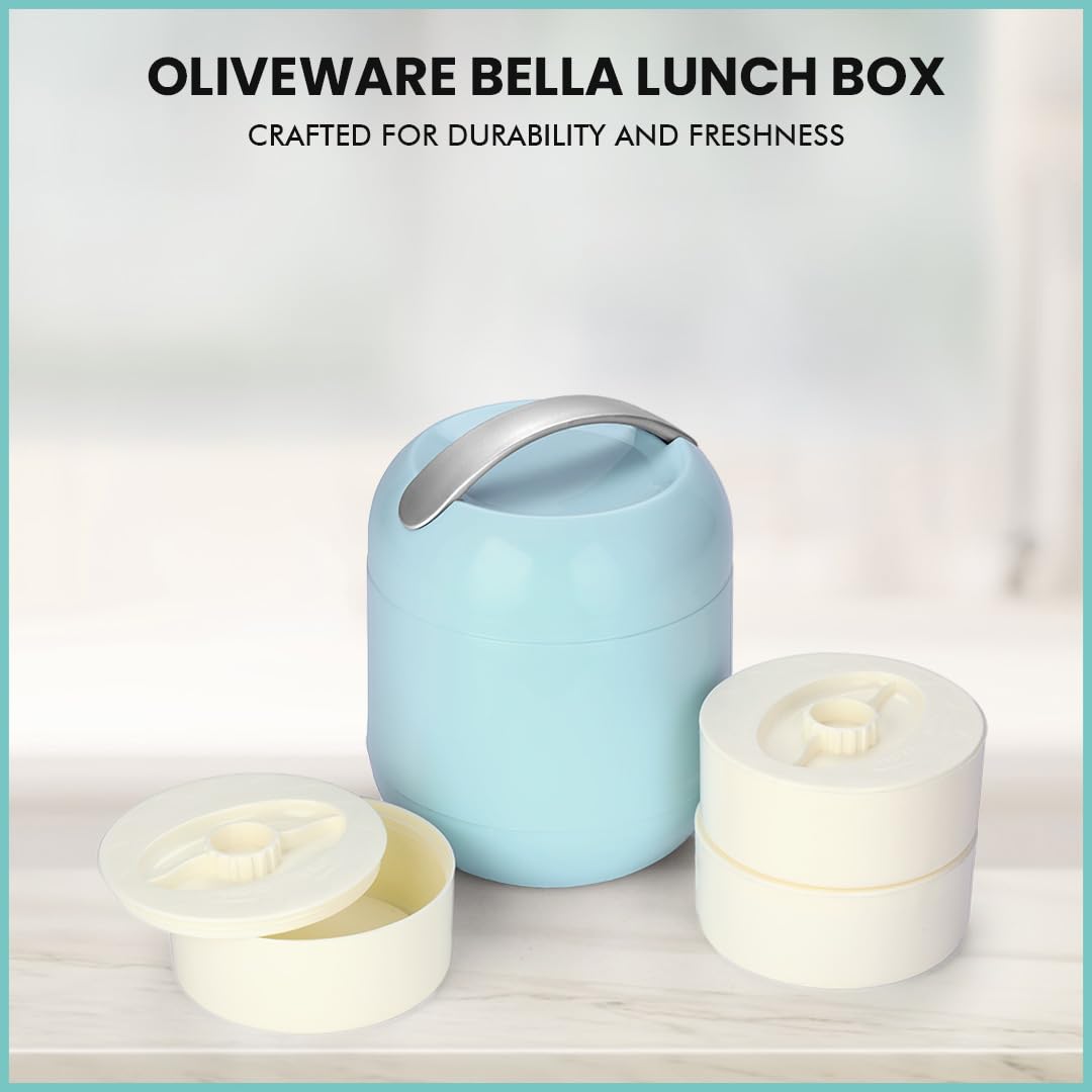 oliveware Plastic Bella Lunch Box - 3 Containers | Insulated Container | Carry Handle | Leak Proof | Complete Meal Hot Case - Blue, 300 milliliter