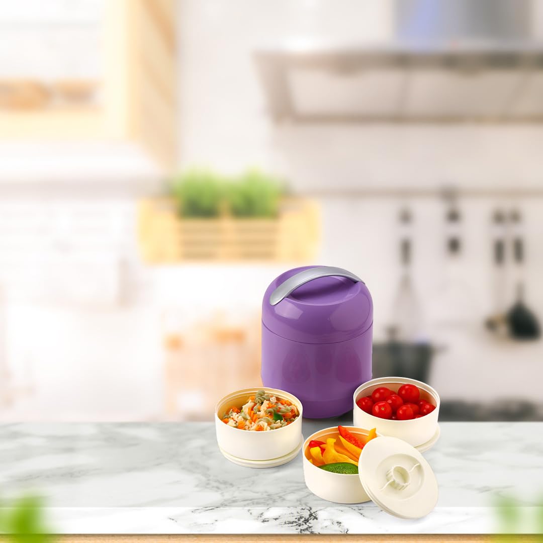 oliveware Bella Lunch Box - 3 Containers | Insulated Container | Carry Handle | Leak Proof | Complete Meal Hot Case - Violet, Plastic, 300 milliliter