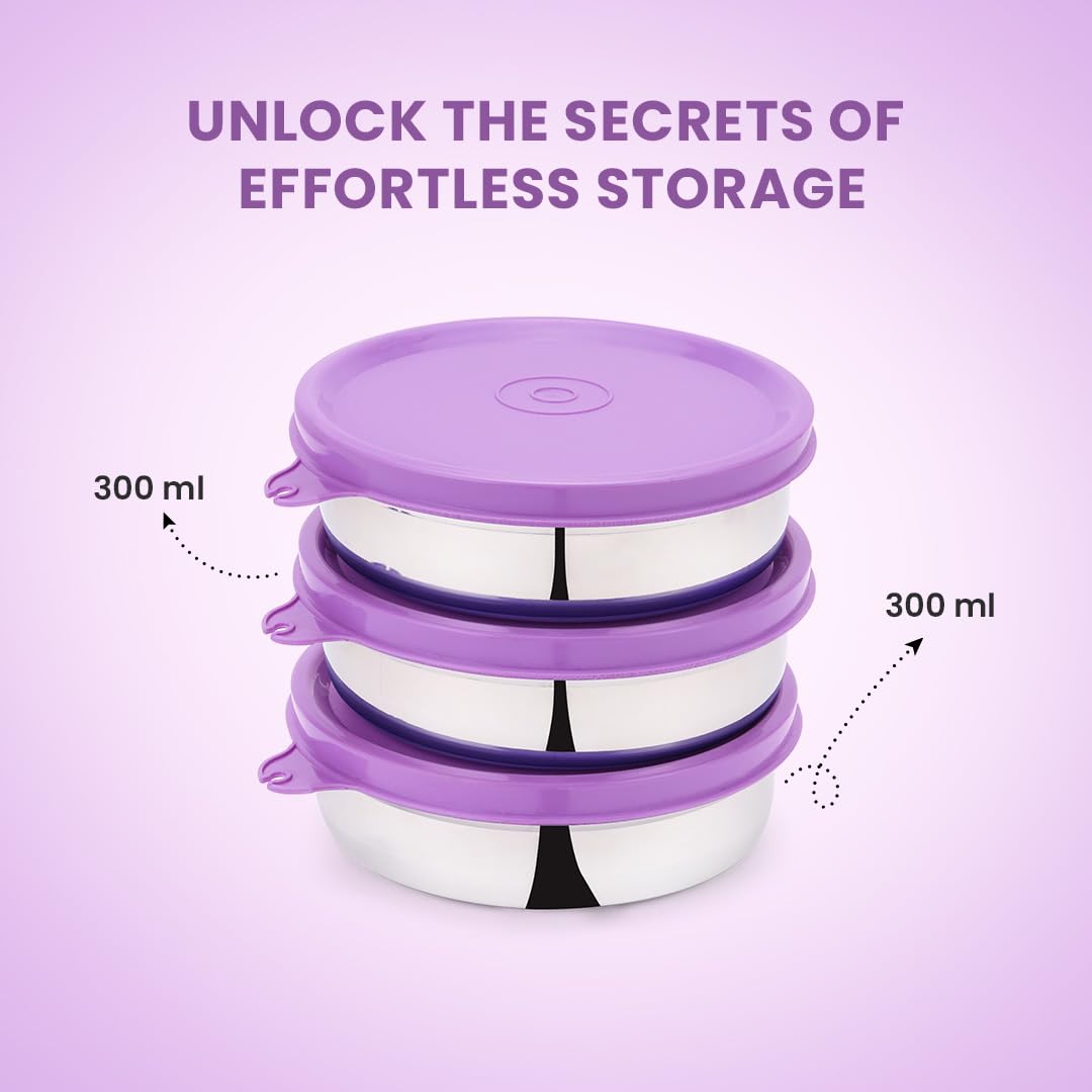 SOPL-OLIVEWARE Magic Storage Container, 100% Leak Proof & BPA Free Lid, Dishwasher Safe, 3 Stainless Steel Containers with 300 ml Each - Voilet
