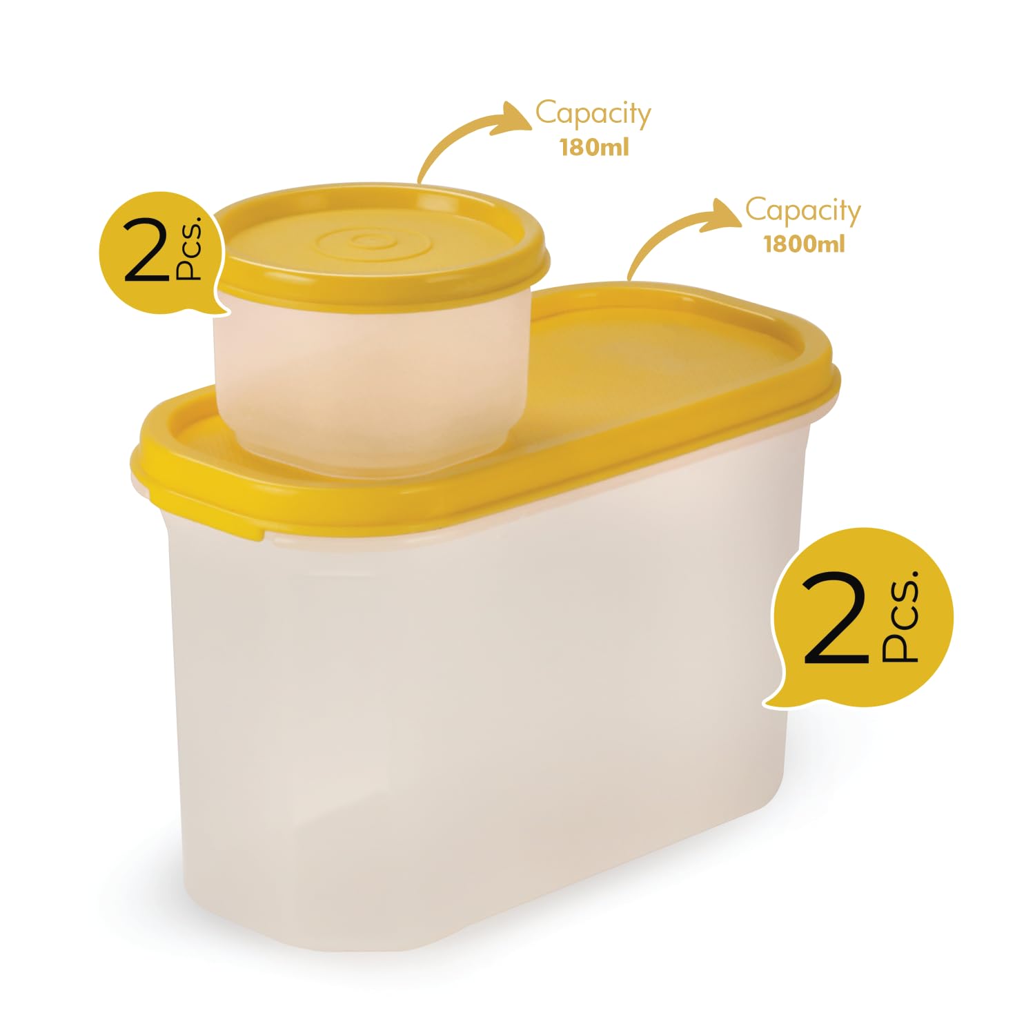 Oliveware Modular Storage Containers, BPA Free, For Pulses, Rice, Dal, Atta & Flour, Set of 4 (2x1800ml, 2x180ml) - Yellow