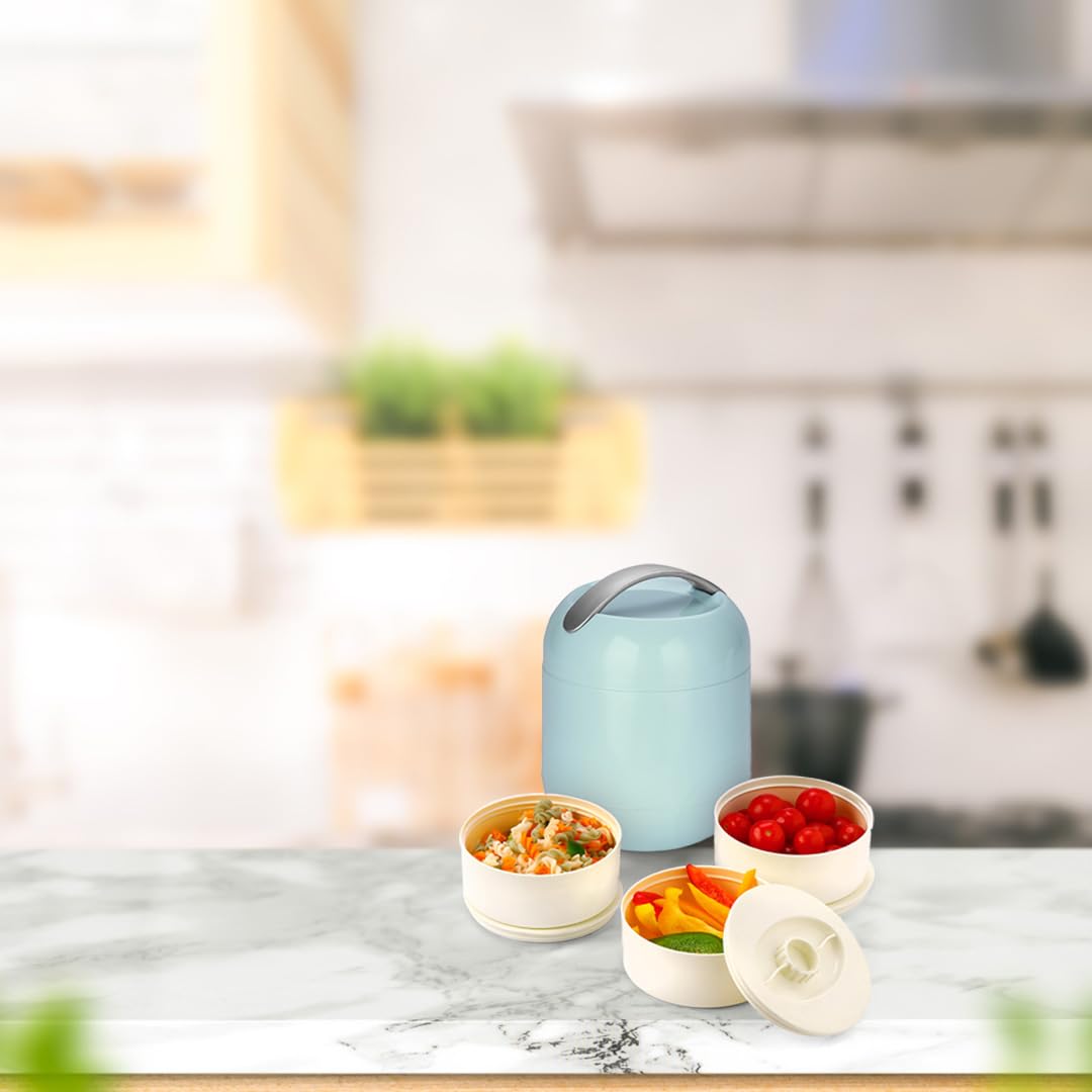 oliveware Plastic Bella Lunch Box - 3 Containers | Insulated Container | Carry Handle | Leak Proof | Complete Meal Hot Case - Blue, 300 milliliter