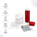SOPL-OLIVEWARE Crystal Lunch Box with Steel Cutlery, BPA Free Lids, 3 Microwave Safe Glass Containers(3 * 320Ml Each), Plastic Pickle Box (130ml), Steel Water Bottle(750ml)