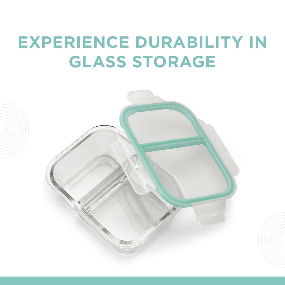 Oliveware Elite Microwave Safe Office Two Compartment Lunch Box Set | Borosilicate Glass | Safety Lock Airtight Tiffin Containers (600ml)