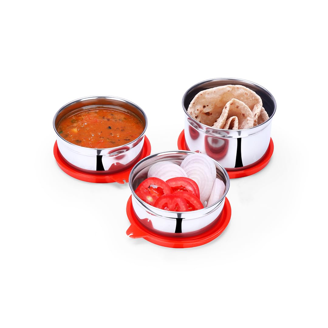 oliveware Lovely Stylo Lunch Box, Leak Proof & BPA Free Lid, 3 Stainless Steel Containers (250ml, 250ml & 500ml), Fabric Jacket - Red