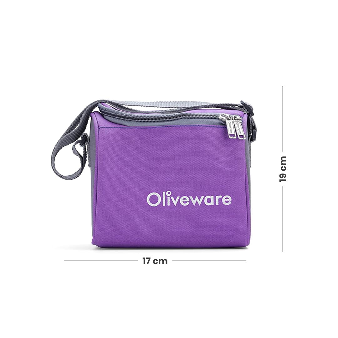 SOPL-OLIVEWARE Oliveware Milano Lunch Box, 3 Stainless Steel Containers And Sipper (300Ml, 450Ml, 600Ml & 400Ml), Steel Spoon, Leak Proof Full Meal & Easy To Carry (Purple), 450 Milliliter