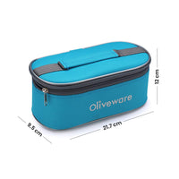 oliveware Double Decker Lunch Box Tiffin, 3 Containers with Plastic Spoon & Fork (300ml, 300ml & 450ml), 100% Leak Proof & BPA Free - Blue