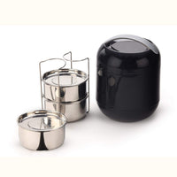 oliveware Bella Lunch Box, 3 Stainless Steel Containers 300ml Each, Insulated Body with Carry Handle, Leak Proof, Complete Meal Hot Case (Black)