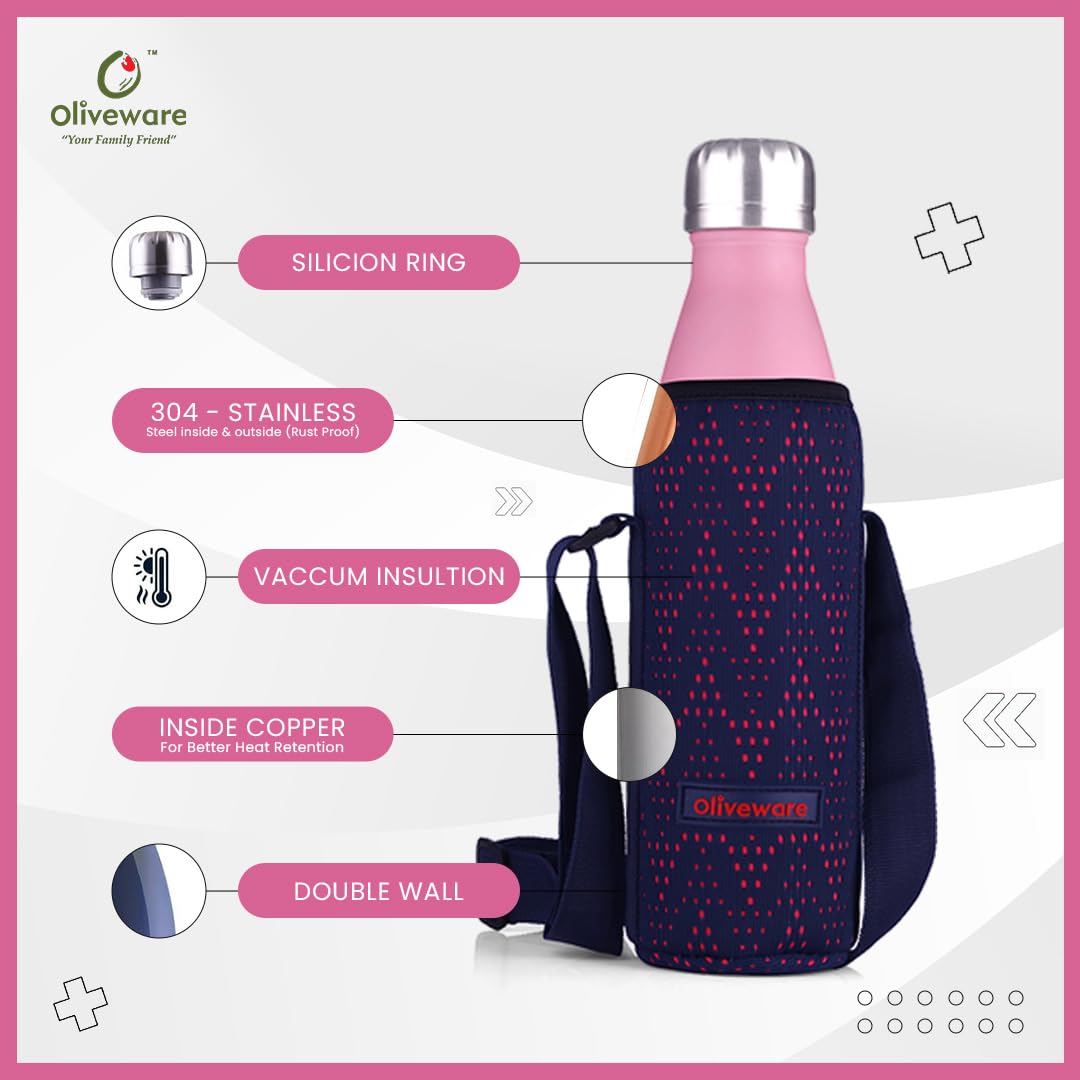Oliveware Sigma Vaccum Bottle with Sleeve, Stainless Steel (500ml), Hot and Cold, Insulated Bottle, Fit for Indoor & Outdoors - Pink