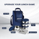 SOPL-OLIVEWARE Compact Lunch Box, 100% Leak Proof, 4 Stainless Steel Containers with BPA Free Lids (450ml) Each, Napkin & Steel Cutlery, Fabric Bag - Blue