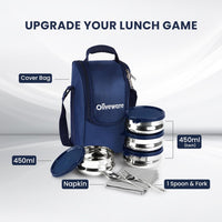 SOPL-OLIVEWARE Compact Lunch Box, 100% Leak Proof, 4 Stainless Steel Containers with BPA Free Lids (450ml) Each, Napkin & Steel Cutlery, Fabric Bag - Blue